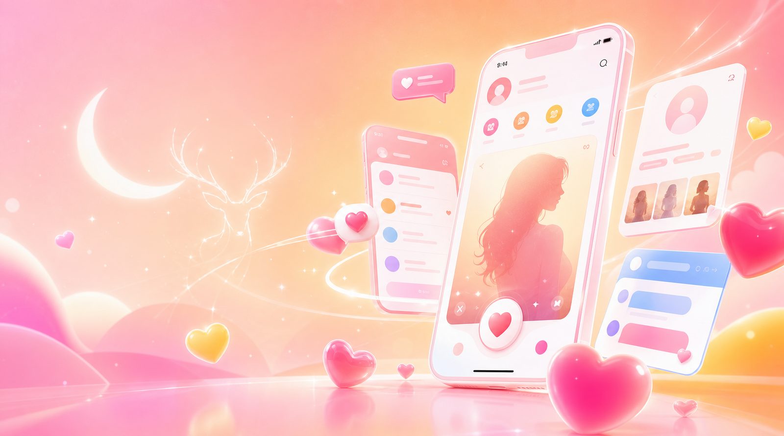 粉橙色陪伴 App 界面与月鹿品牌视觉